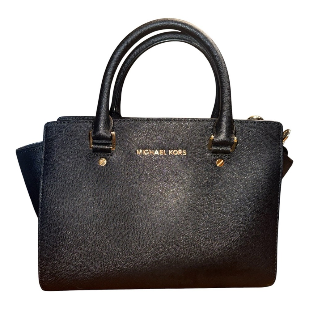 Michael Kors Selma Medium Satchel Black Saffiano Leather Shoulder Hand Bag EUC